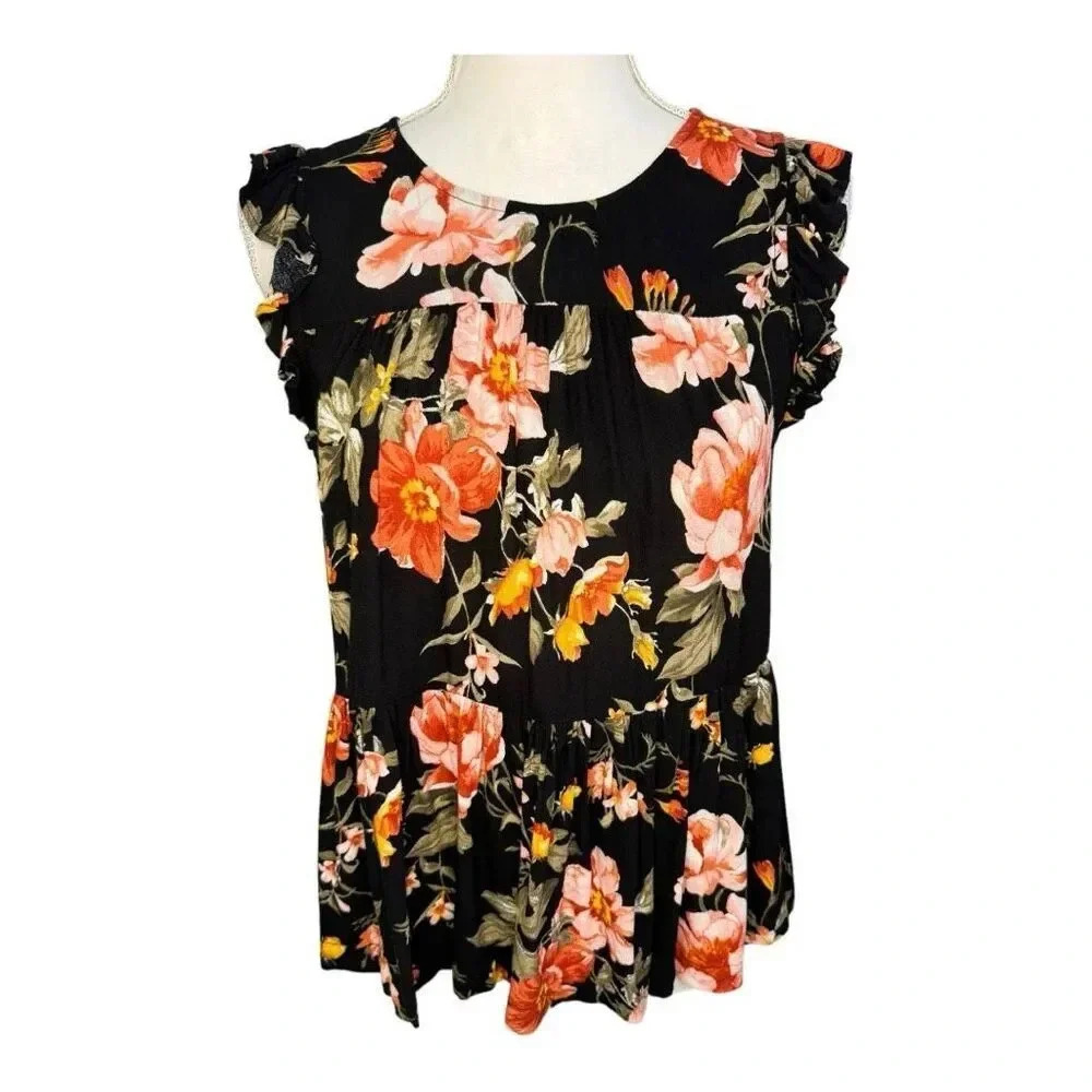 American Eagle Women's Small Floral Sleeveless Tank Top Multicolor Ruffle Trim